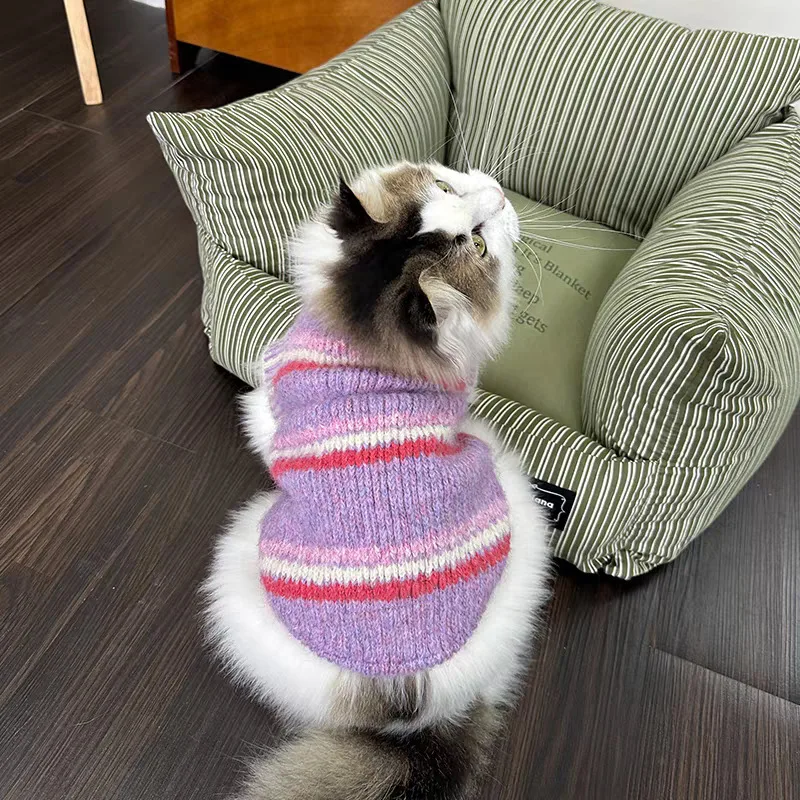 Pet Autumn and Winter Striped Vest Warm High Neck Sweater Small Dog Schnauzer Cat Coat Dog Clothes for Small Dogs - imagen 3