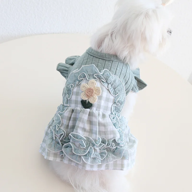 2025 Primavera/Novedad de verano vestido a cuadros con volantes ropa de princesa bordada para perros pequeños Chihuahuas, traje de Bichons - imagen 5
