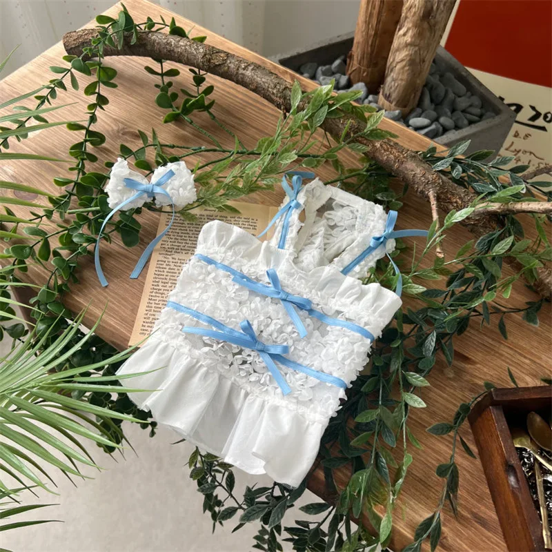 Vestido bordado de malla de primavera para mascotas, correa trasera para perro, falda hueca cómoda y fresca, tocado, ropa para cachorros - imagen 4