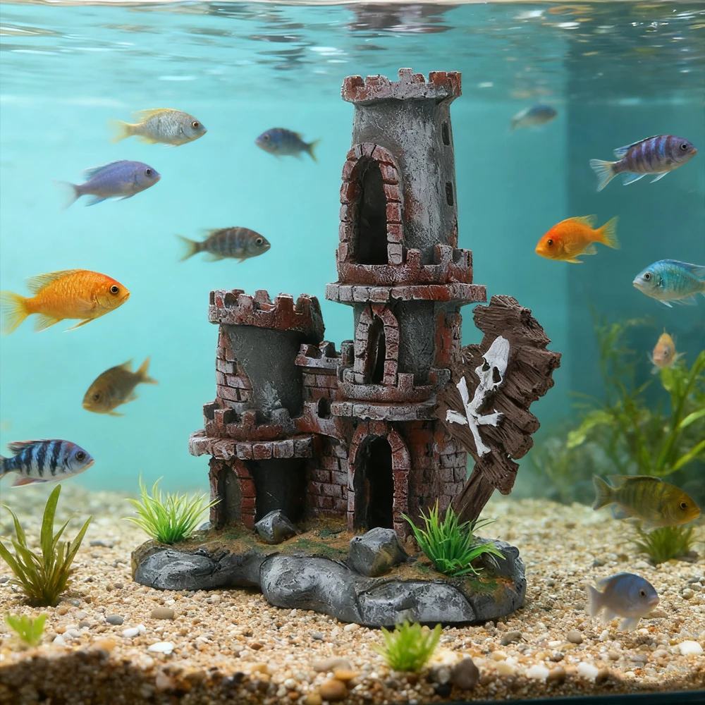 Castillo de simulación para acuario, adorno de paisajismo, decoración de Castillo de rocalla, adorno oculto de peces y camarones, accesorios para acuario, 1 ud. - imagen 3