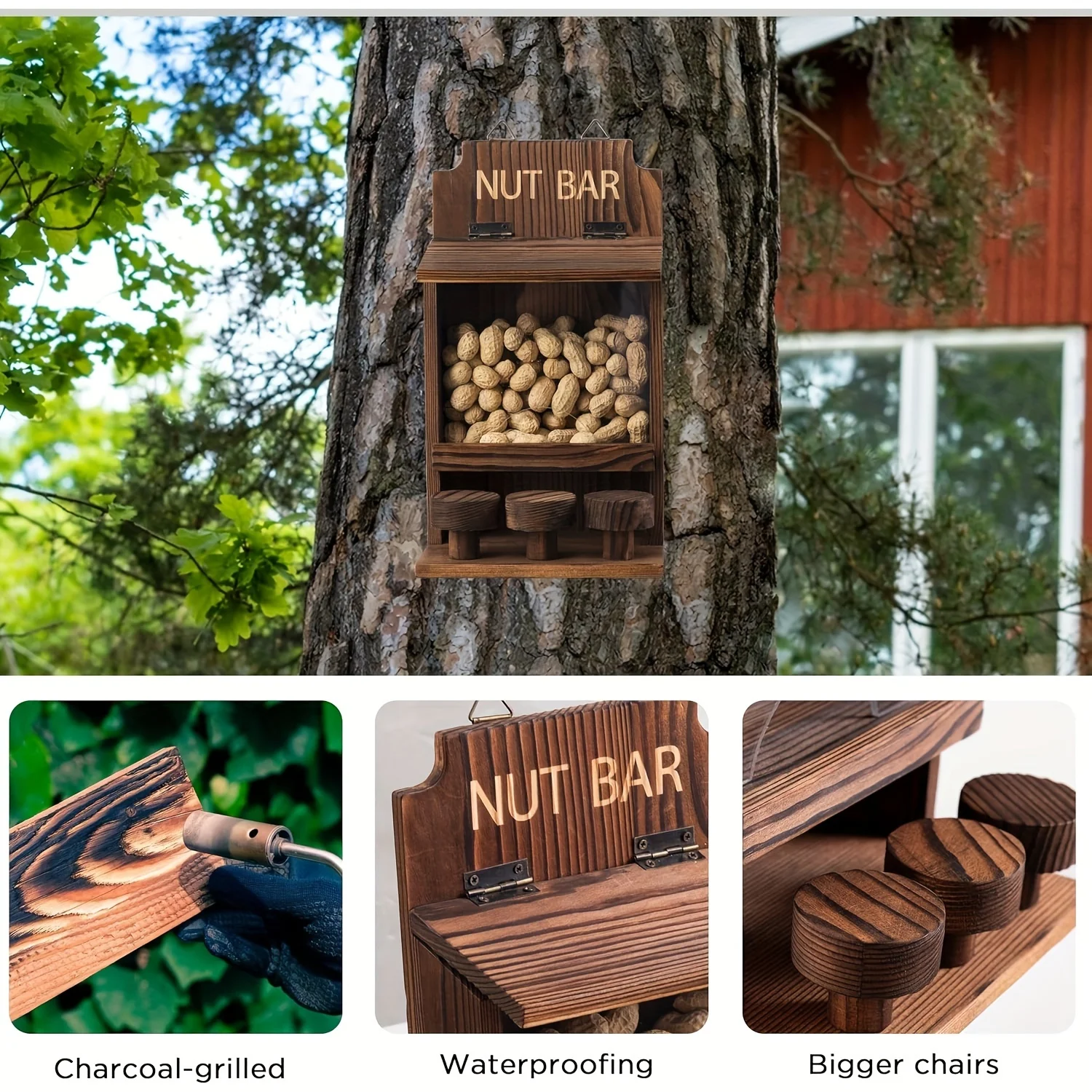 Divertida caja alimentadora de ardilla de madera, barra de nueces, casa de alimentación de ardilla resistente, No requiere montaje para decoración de jardín exterior de patio trasero - imagen 4
