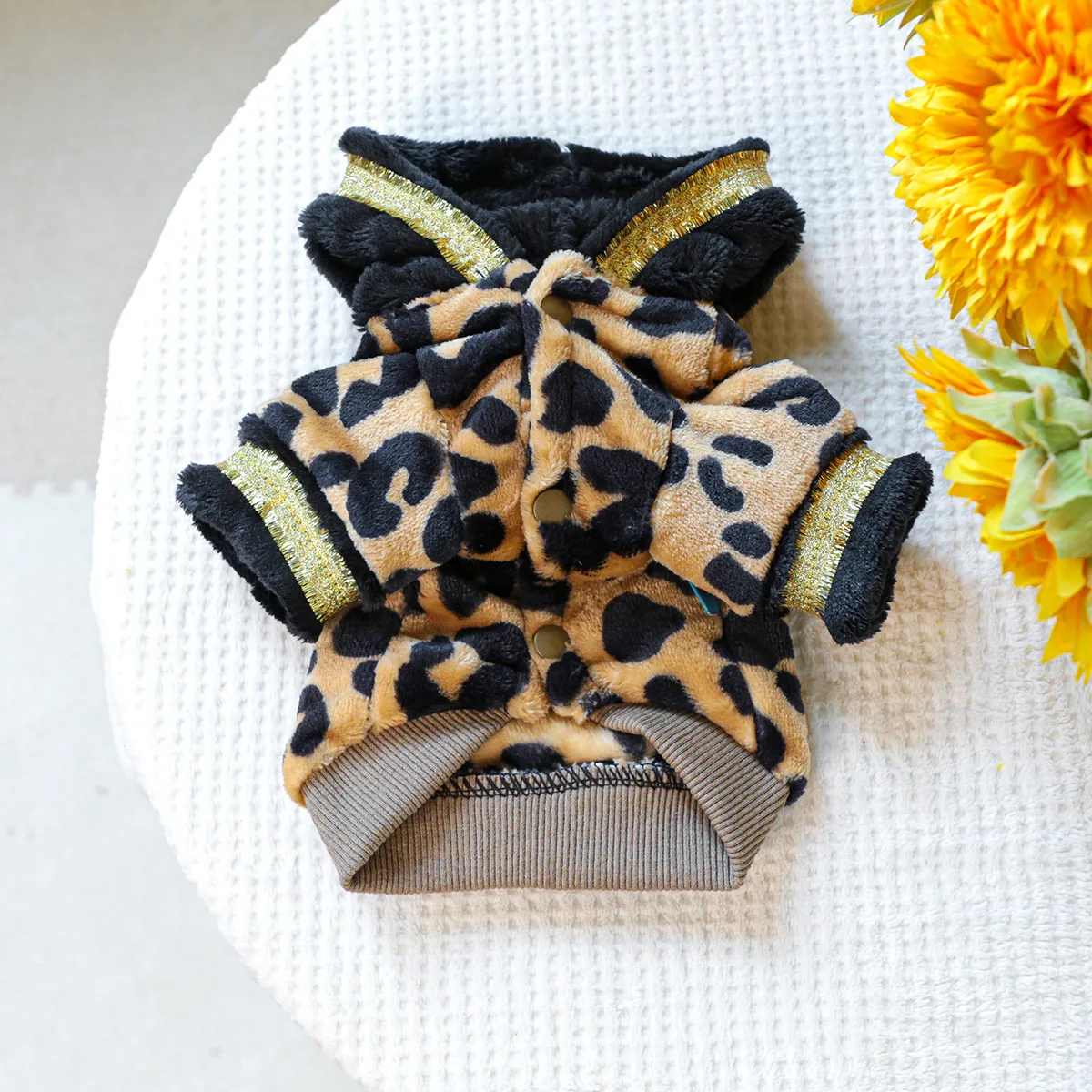 Abrigos cálidos de lana para perros pequeños, sudaderas con capucha para cachorros, disfraz de Halloween de leopardo dorado, ropa para mascotas, disfraz de Chihuahua, Invierno - imagen 5