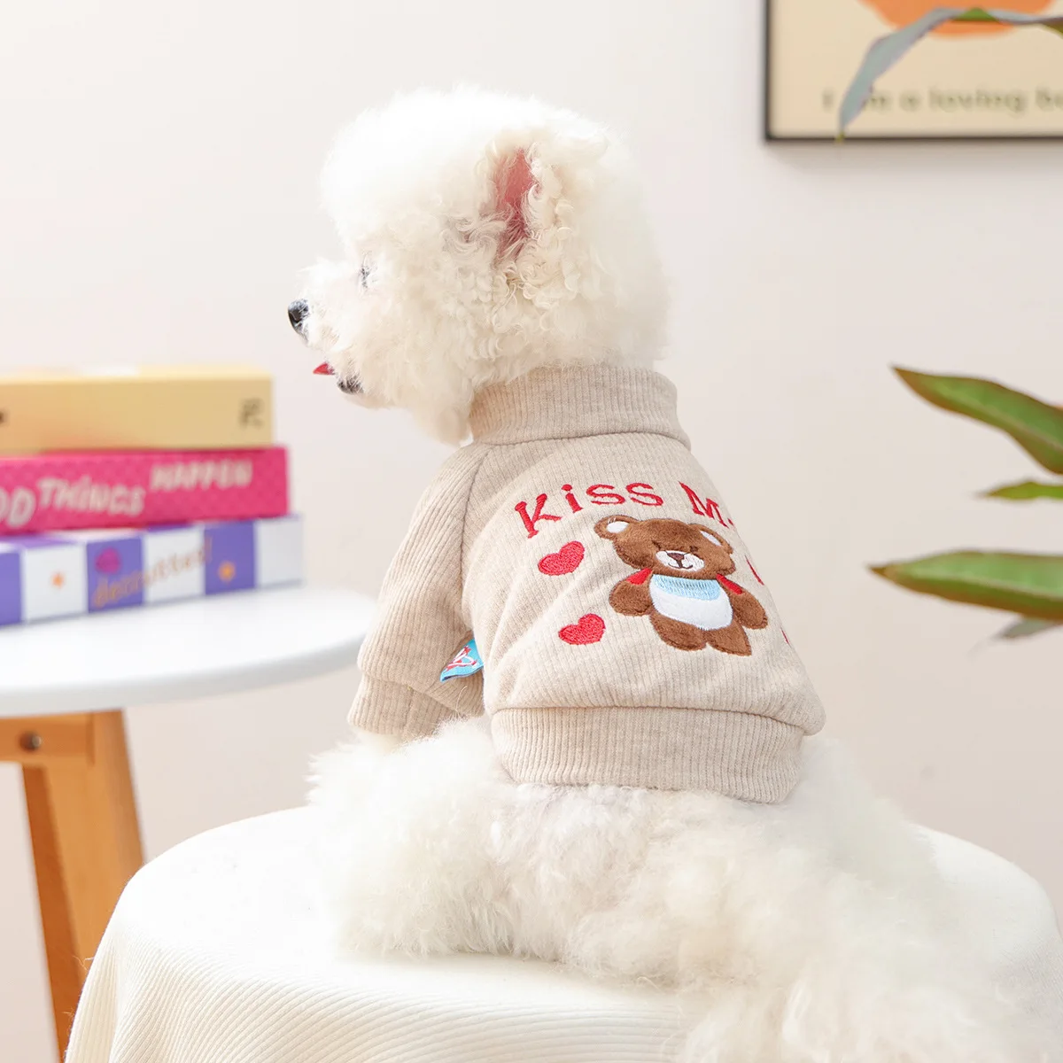 Sudadera con capucha de otoño e invierno para mascotas, perro pequeño, cachorro, perro feliz, gato, cálido y cómodo, oso de peluche, camisa de cuello redondo, ropa para cachorros