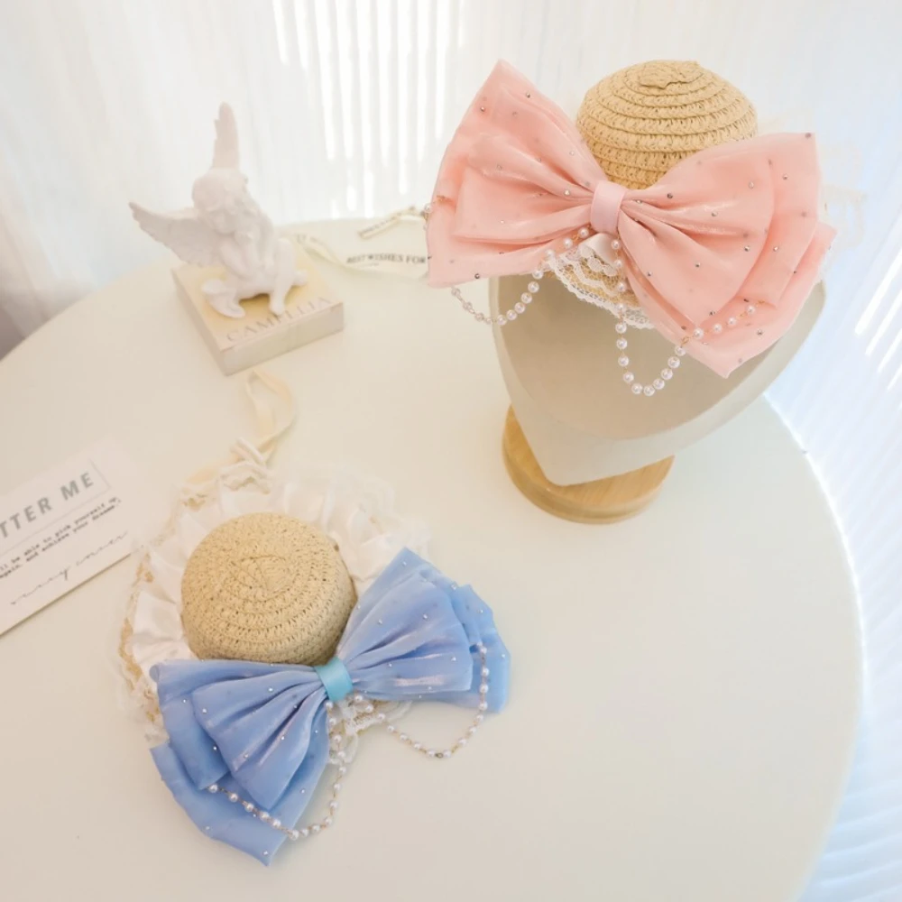 Sombrero de paja ajustable para gatos y perros pequeños con perlas - imagen 3