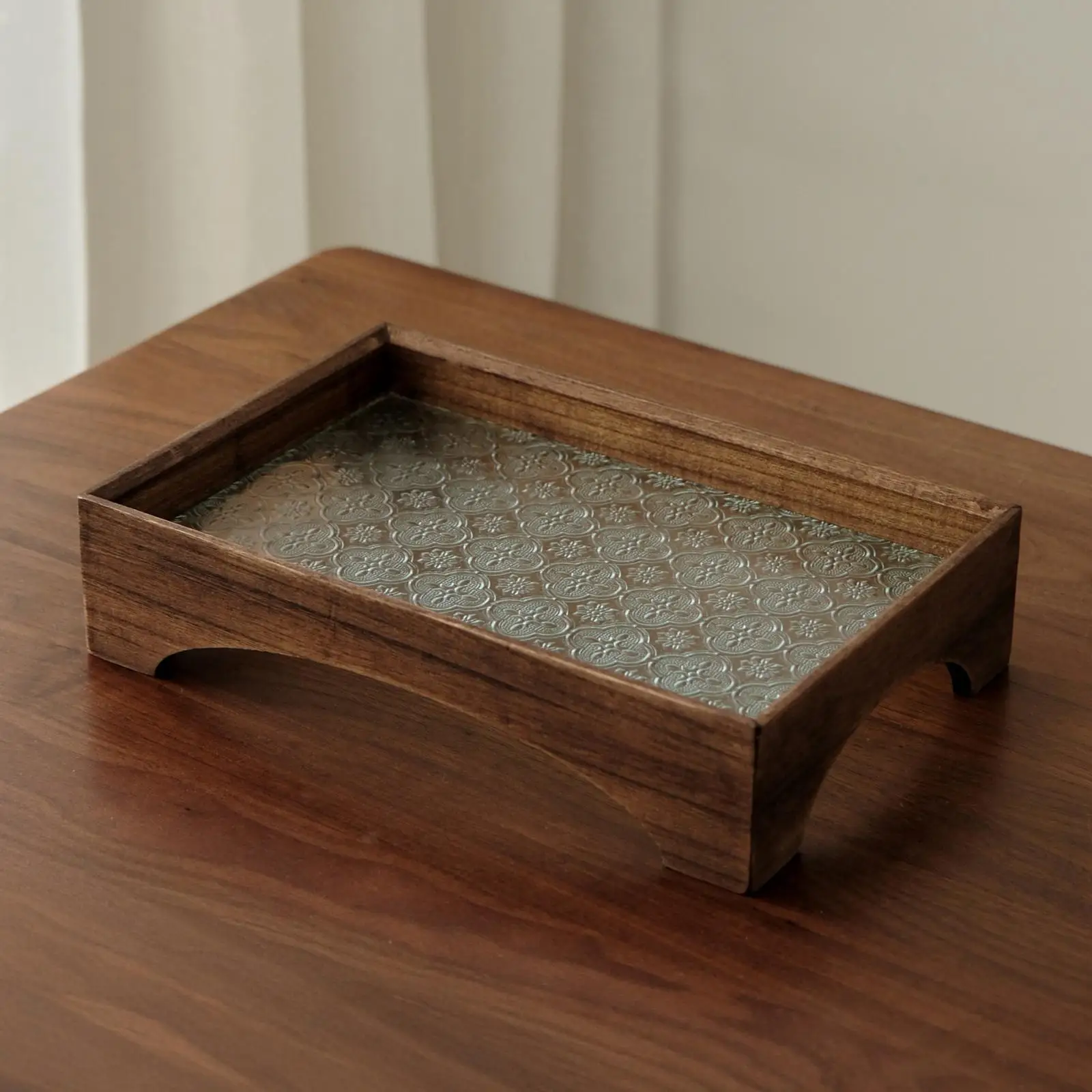 Serving Tray Wood and Embossment Glass Platter Multiuse Desk Organizer Makeup