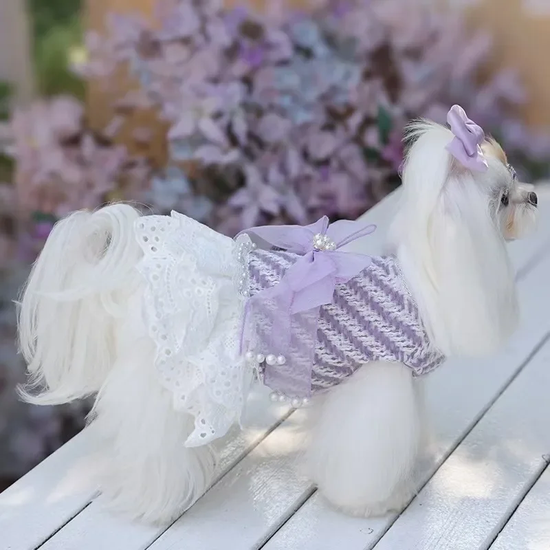 Abrigo a rayas moradas para otoño e invierno, ropa bonita con lazo de malla para perros pequeños, falda bonita de princesa, ropa para mascotas con terciopelo grueso
