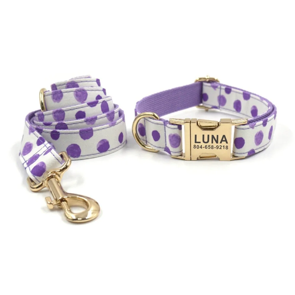 Collar de perro personalizado con grabado gratuito, correa para mascotas a juego, hebilla de Metal de contactos personalizados, Collar para mascotas con burbujas moradas
