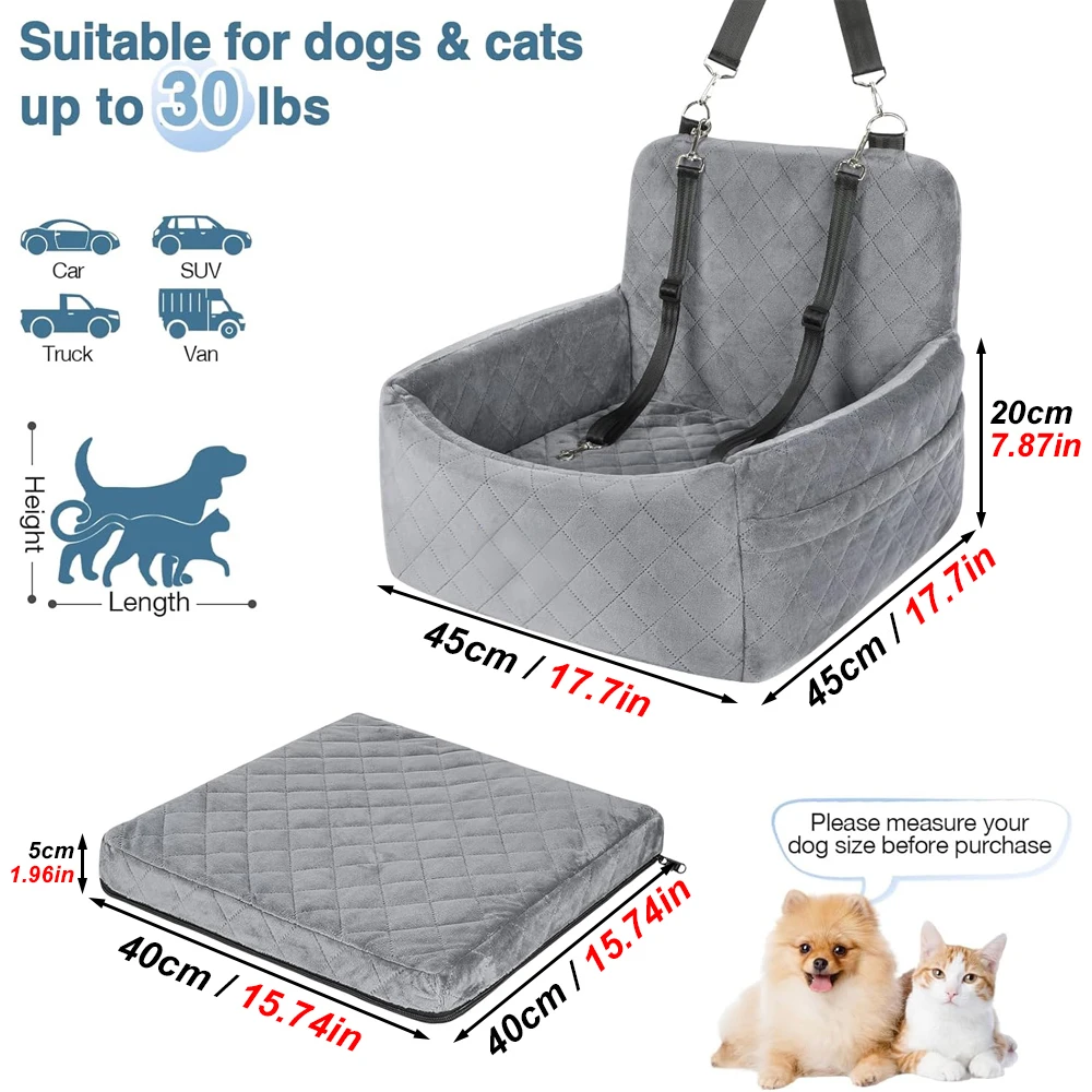 Asiento de coche portátil cálido para perros pequeños y medianos con cojín lavable, cinturón de seguridad para cama, bolsillo de almacenamiento para viajes al aire libre, 1 ud. - imagen 2