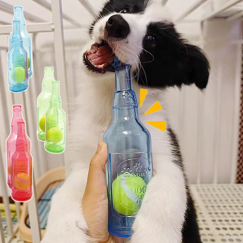 Juguete para masticar para mascotas, botella de cerveza resistente a mordeduras TPR con pelota de tenis, juguete para moler dientes de cachorro, juguetes interactivos para masticar perros - imagen 5