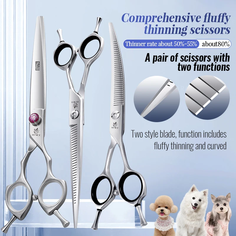 Fenice-Tijeras profesionales de belleza para perros, tijeras de cuidado para perros de mascotas de 7/7,5 pulgadas, tijeras de adelgazamiento esponjosas con dientes invertidos, tasa de 50-80%