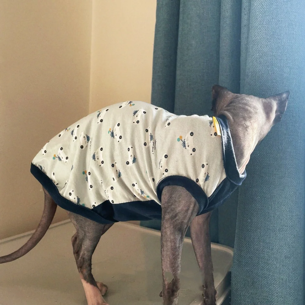 Camiseta de algodón de dibujos animados para Sphinx en primavera Mono azul de manga corta para Devon Rex Chaleco de verano suave para perros gato machos