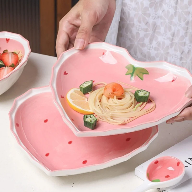 Juego de plato cuchara y tazón de fresa, cuenco de corazón para niña hermosa, ensaladera, postre, vajilla para el hogar, 3 uds. - imagen 5