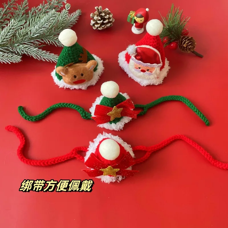 สัตว์เลี้ยงแมวสุนัขคริสต์มาส Hairball คอ Elk Santa Claus หมวก Handmade ขนสัตว์หมวกอุปกรณ์เสริมลูกสุนัขอุปกรณ์เสริม - imagen 4