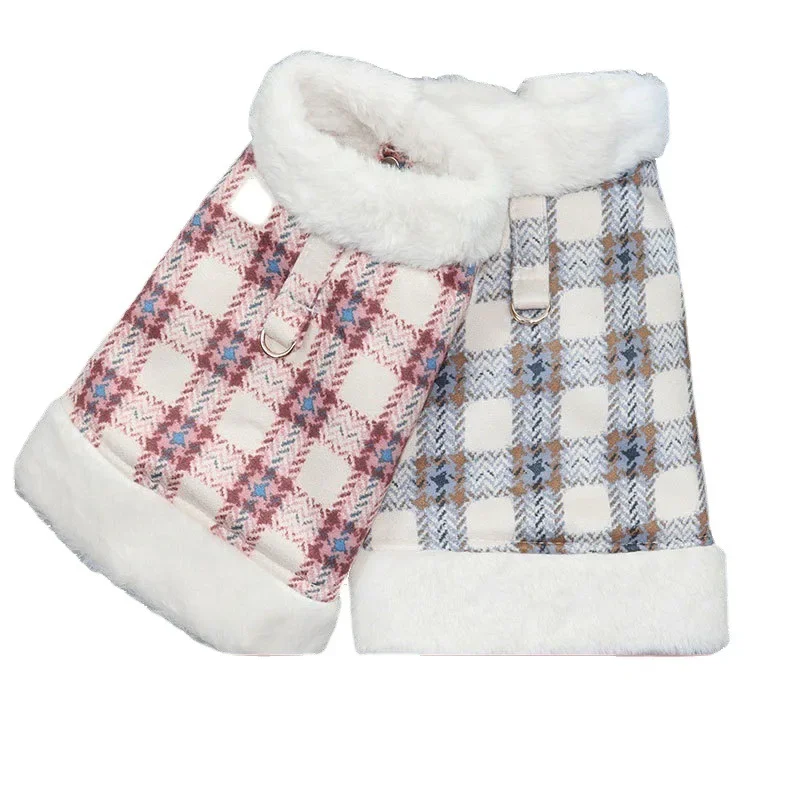 Abrigo de felpa a cuadros para otoño e invierno para mascotas, cálido invierno con lana gruesa, chaleco de lana de cordero, chaleco de tracción para perros de peluche y gatos Pomerania - imagen 5