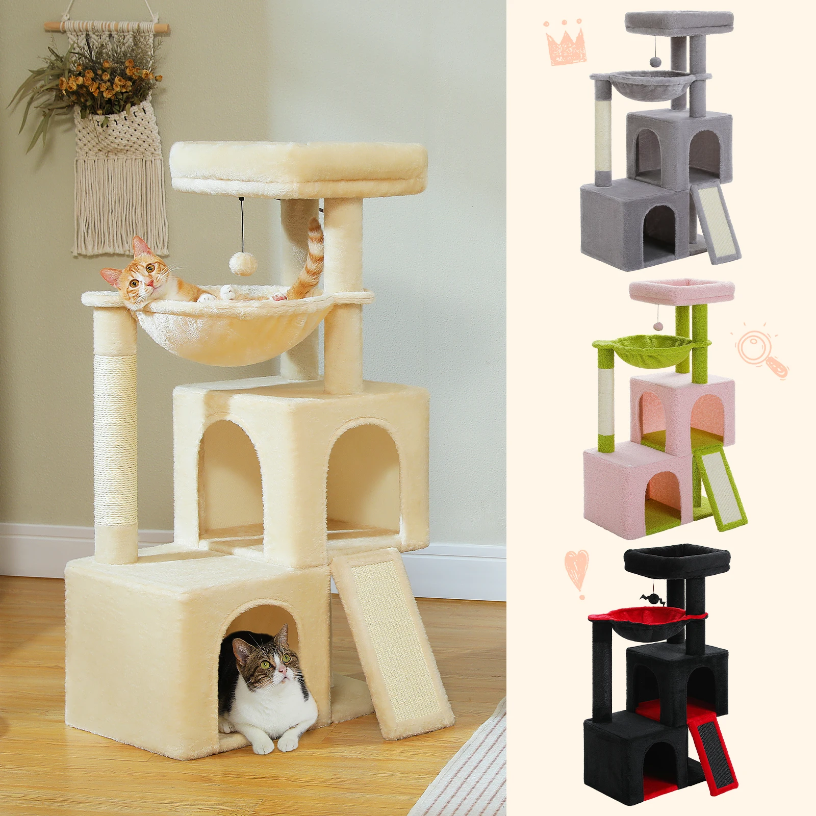 Torre de árbol para gatos pequeña con condón espaciosos, poste rascador, hamaca acogedora, pompón para 1-3 gatos de interior, accesorios para gatos, muebles para gatos