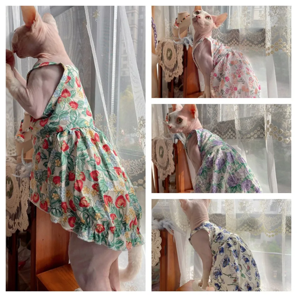 Sphynx Cat Slip Dress Lace Floral Cotton Skirt para ropa de gato sin pelo Vestido de material suave para Devon Rex Summer Spring Outwear