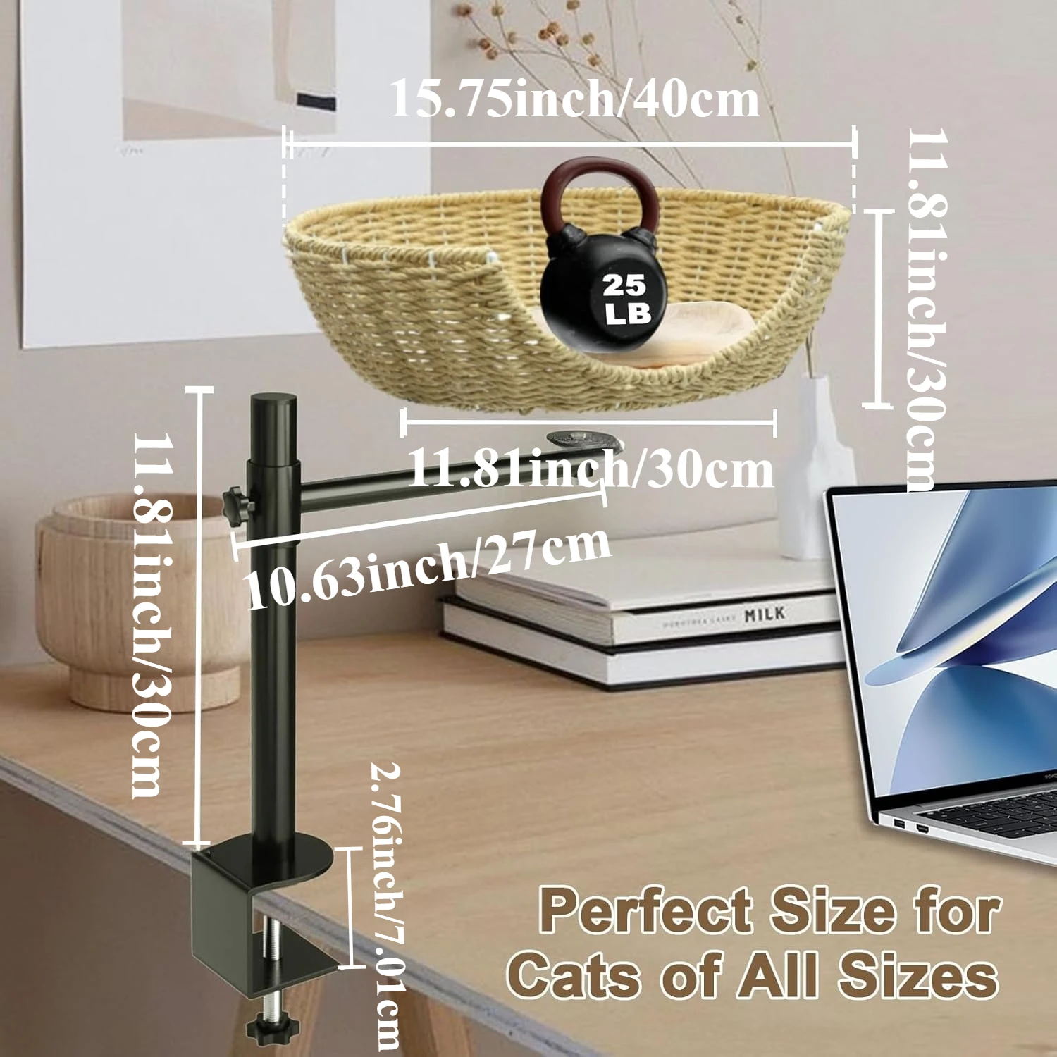 Cama de escritorio ratán para gatos con altura ajustable y giro 360