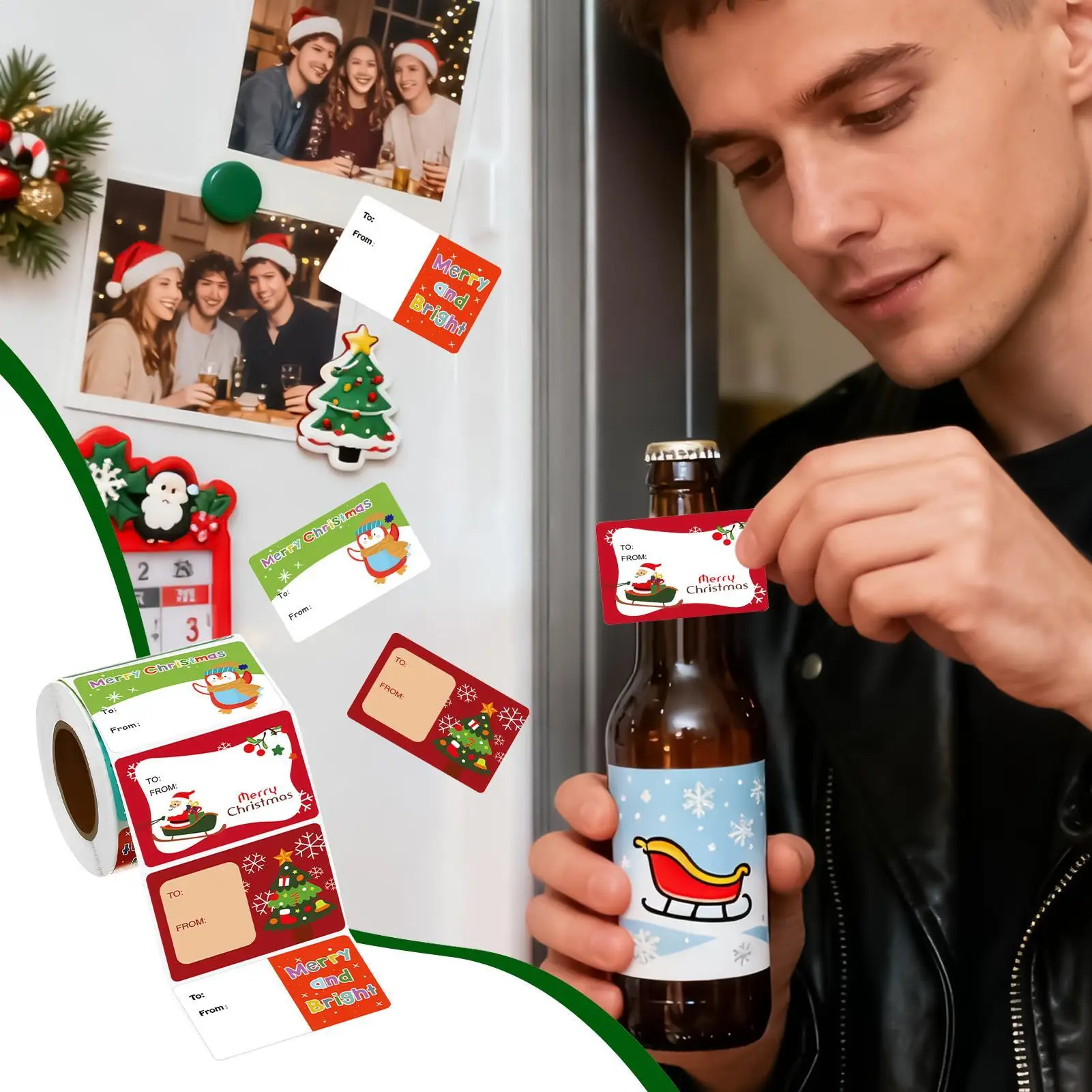 Rollo de pegatinas navideñas, 500 piezas surtidas, pegatinas navideñas portátiles, decoraciones, etiquetas para envolver regalos, surtido para sobres