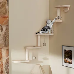Muebles de madera para gato: estantería pared con perchas y juguetes