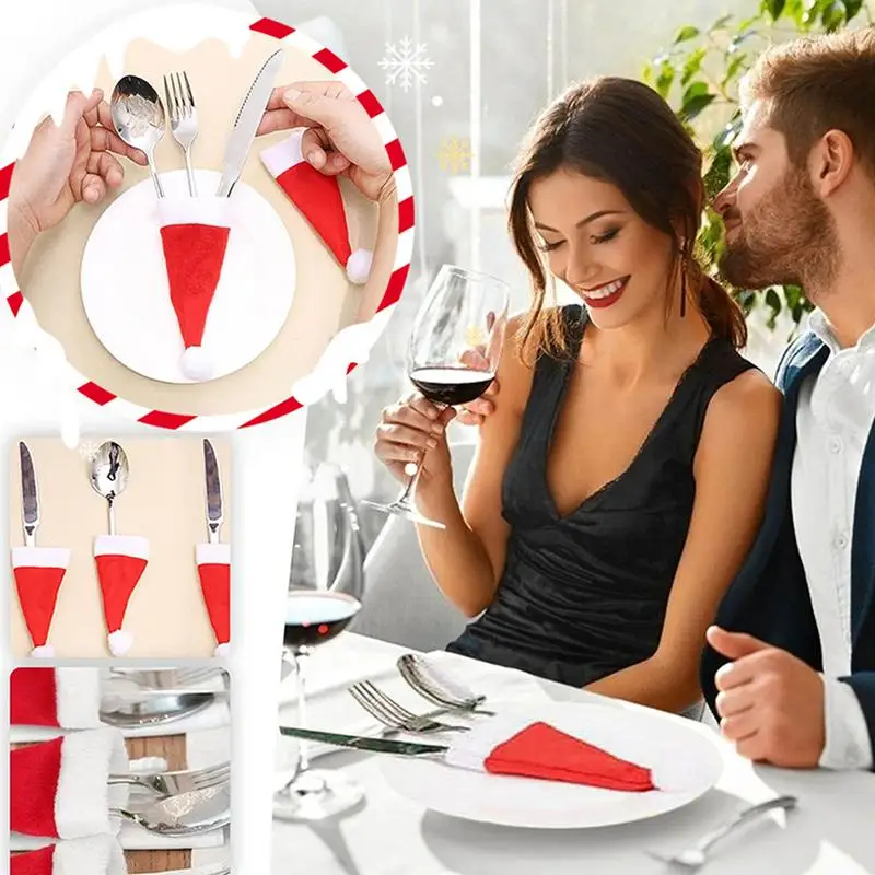 Sombreros de Papá Noel para botella de vino, cubiertas de piruleta, tenedor de Navidad, 10 piezas - imagen 2