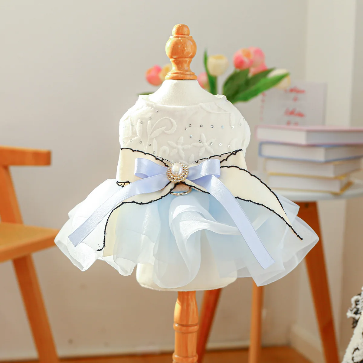 Vestido con lazo de primavera para mascotas, ropa para perros, falda de hilo de Pony azul, vestidos para perros pequeños, ropa para cachorros, vestido pequeño