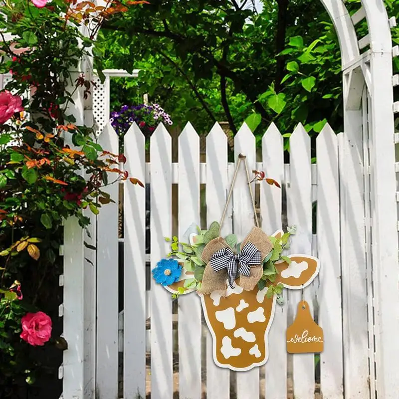 Colgador de puerta de Cabeza de Vaca con oreja colgante de bienvenida, letreros de puerta de animales, decoración de puerta de casa, colgador de bienvenida de vaca de madera rústica - imagen 5