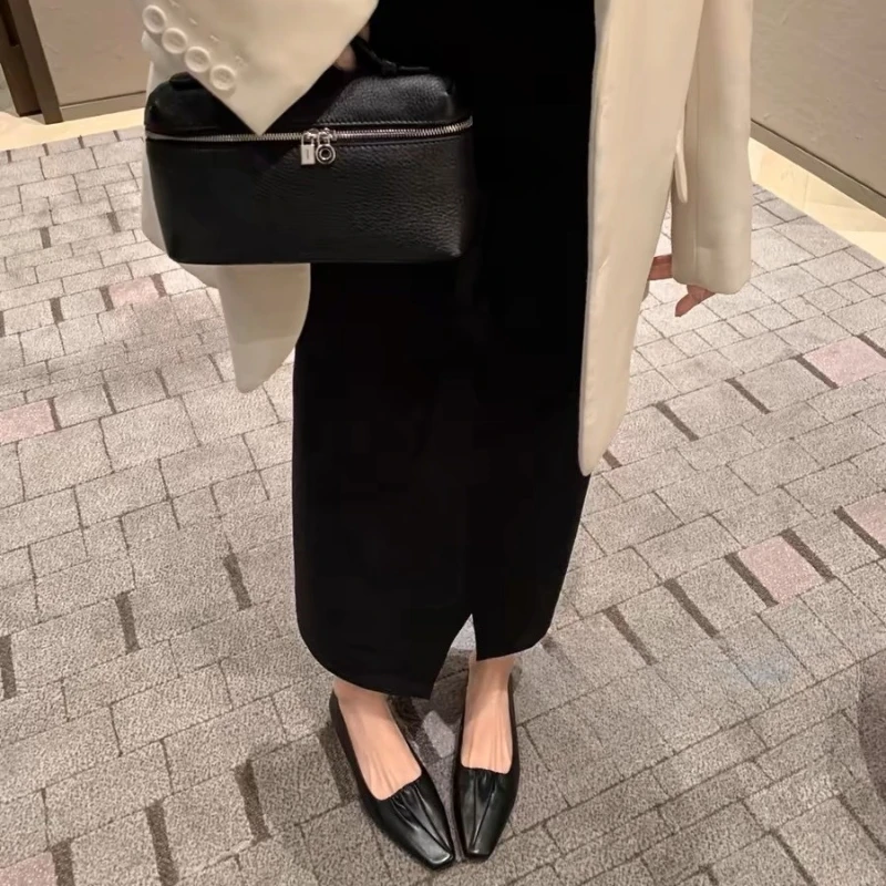 Zapatos planos de ballet negros para mujer con punta cuadrada arrugada ‌   Zapatos elegantes de cuero para mujer, mocasines poco profundos sin cordones para primavera y otoño - imagen 4