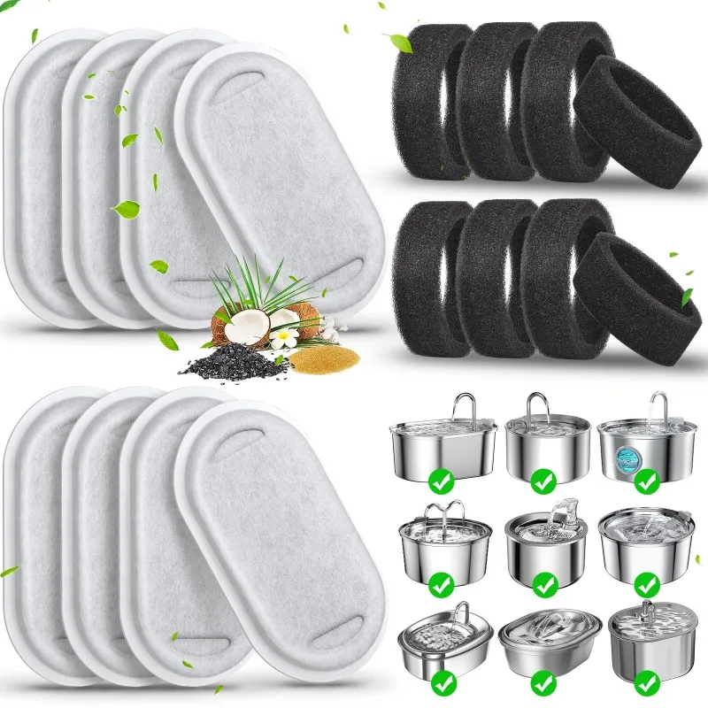 Paquete de 8 filtros de repuesto, juego de esponjas prefiltro para fuente de agua para mascotas de flujo de agua ajustable de acero inoxidable de 108/3,2l y 67oz/2l