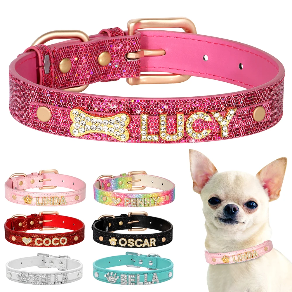 Collar personalizado para perros pequeños, Chihuahua, collares ostentosos con diamantes de imitación para perros, dijes con nombre para perros y gatos, accesorios para mascotas