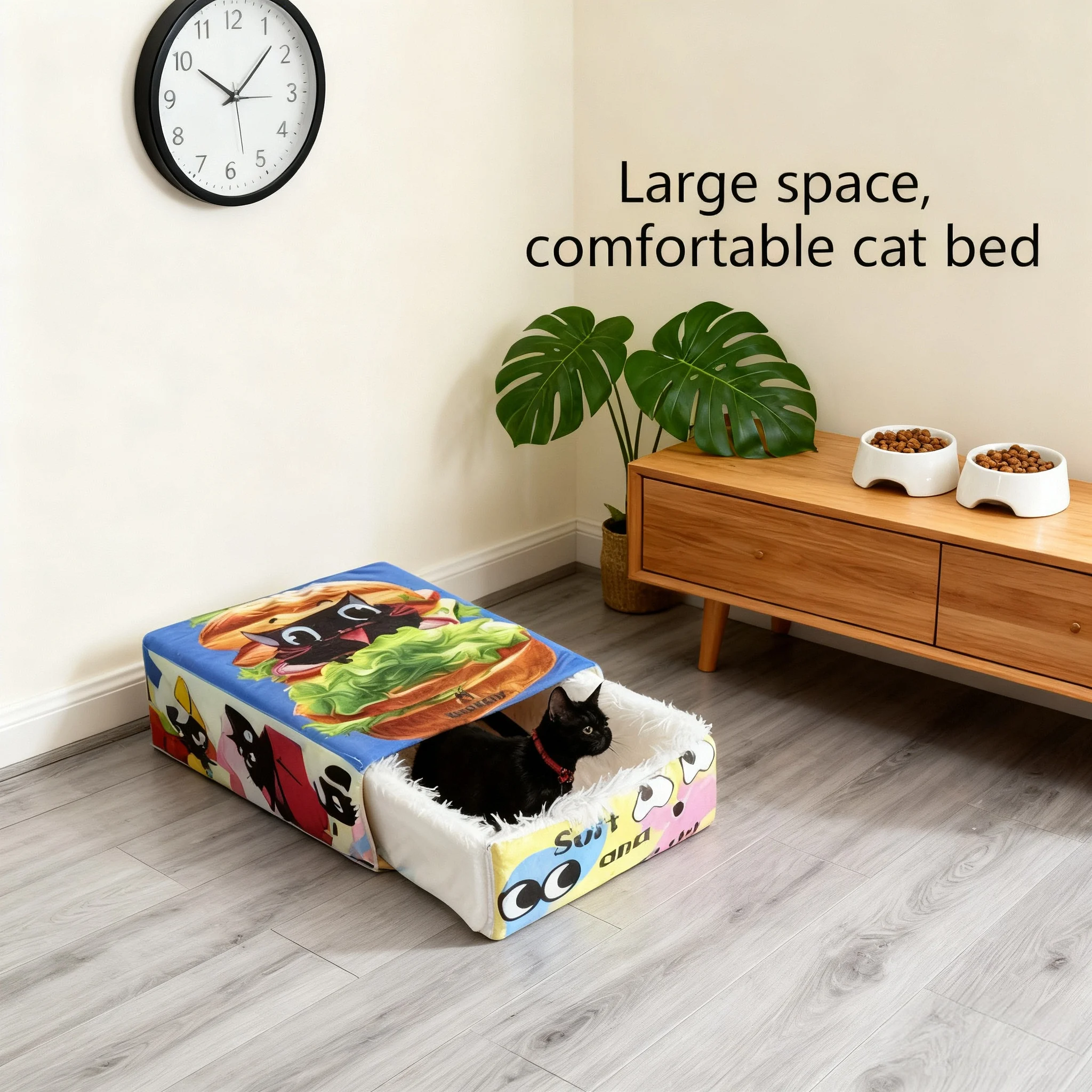 BOOTEELY-cama de felpa de gato negro con hamburguesa de dibujos animados, nido para mascotas acogedor y espacioso, diseño de caja de aperitivos, descanso cómodo para gatos - imagen 5