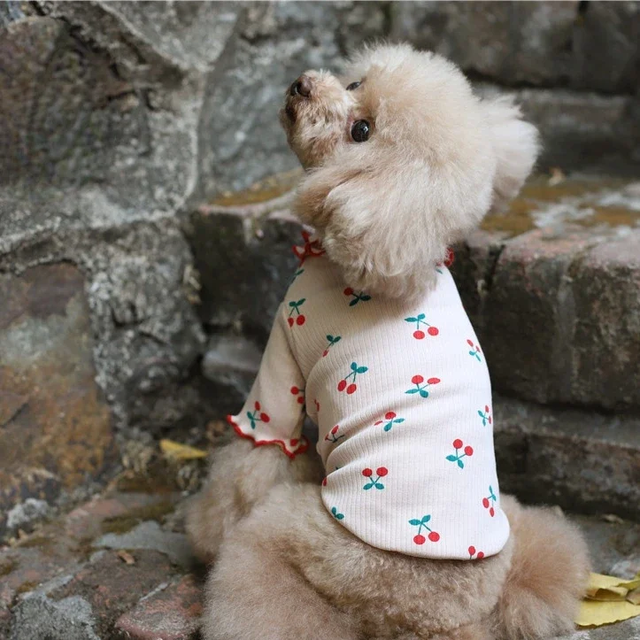 Jersey de algodón puro con estampado de cereza para mascotas, Top con solapa lateral ondulada, ropa para perros, suéter de Navidad para mascotas, otoño - imagen 4