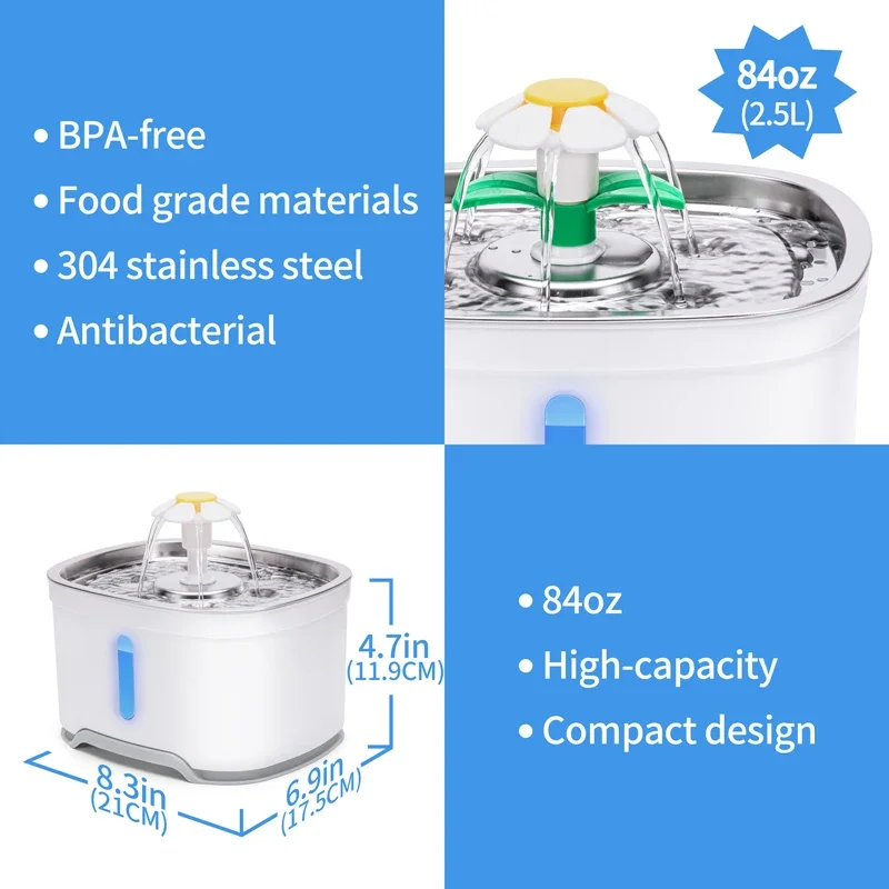 Fuente de agua automática para Gato de 2,4 L con LED eléctrico USB para perros y gatos dispensador automático de fuente para beber para mascotas - imagen 3