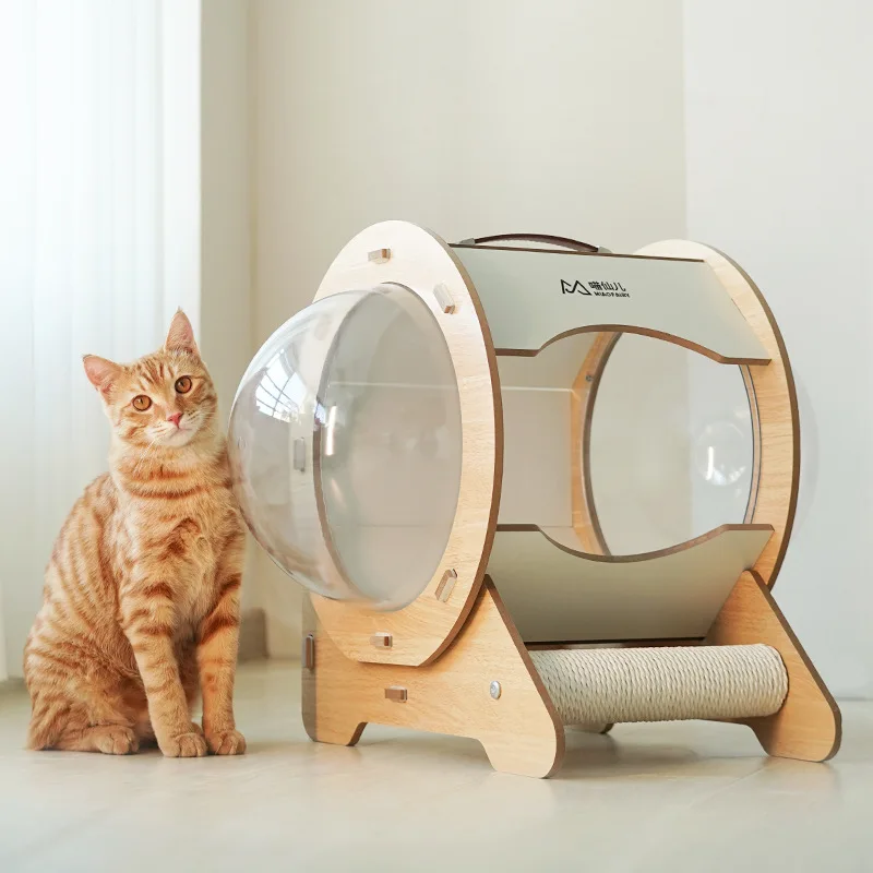 Nido para gatos con cápsula de madera 360 °   Cápsula bilateral portátil de gran espacio, nido para gatos, poste rascador, camas para dormir, suministros para mascotas