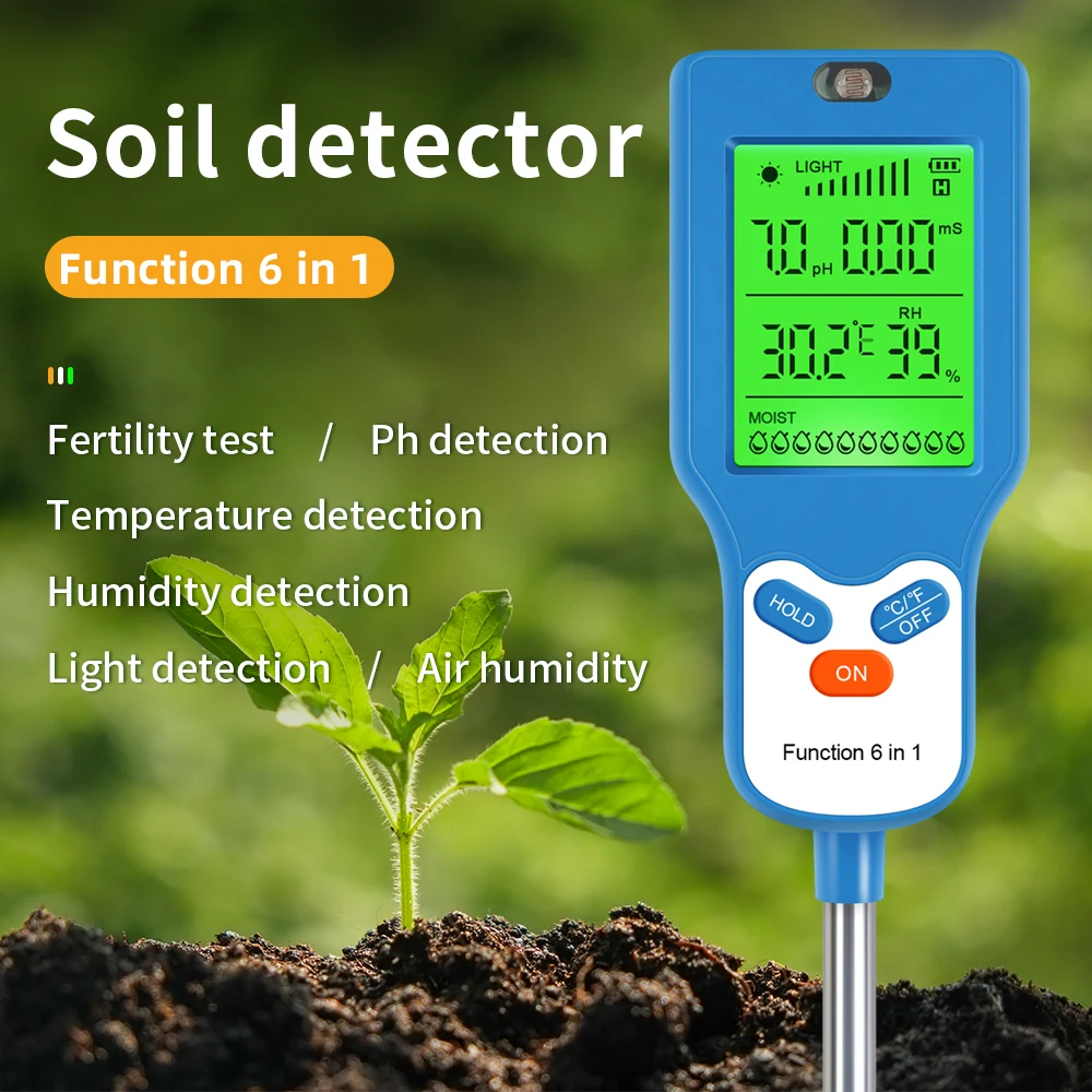 Girar 90 °   Probador de suelo 6 en 1, fertilidad, pH, temperatura, humedad, luz, medidor de humedad, LCD, Detector de PH del suelo, planta, jardín, analizador de suelo - imagen 2