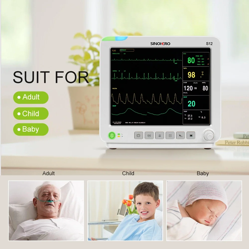 SINOHERO S12 Monitor de pacientes multiparámetros Monitor de signos vitales con ETCO2 para ECG humano RESP NIBP SpO2 TEMP pantalla LCD de 12,1 pulgadas - imagen 4