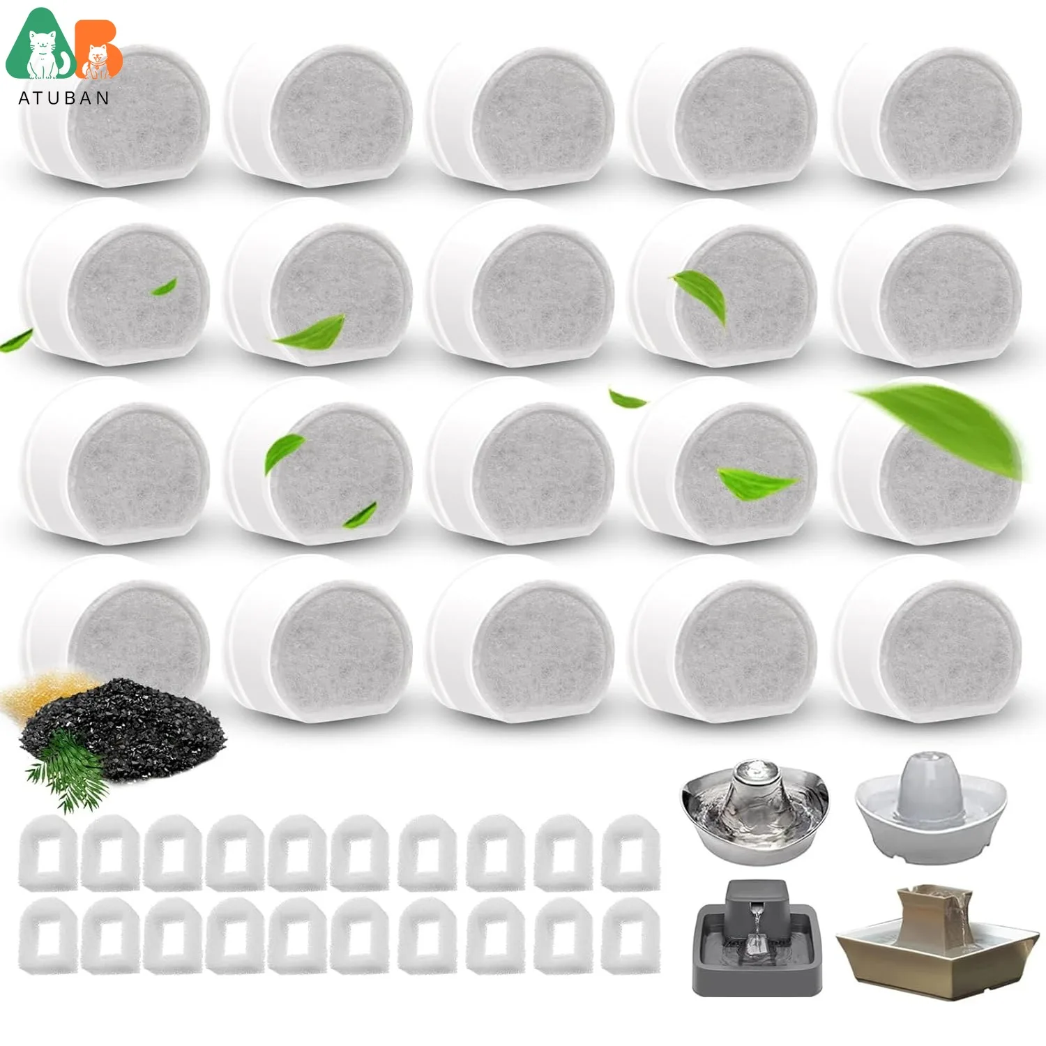 ATUBAN Fuente de agua para gatos, filtro de carbón de repuesto Compatible con PetSafe Drinkwell, fuentes para mascotas de cerámica y acero inoxidable para perros