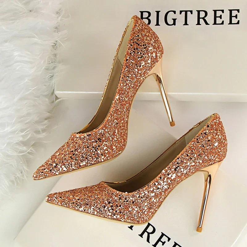 Zapatos de tacón alto a la moda para mujer, tacones ostentosos para fiesta de boda, zapatos de tacón con purpurina para mujer, Stiletto rojo dorado y plateado - imagen 2