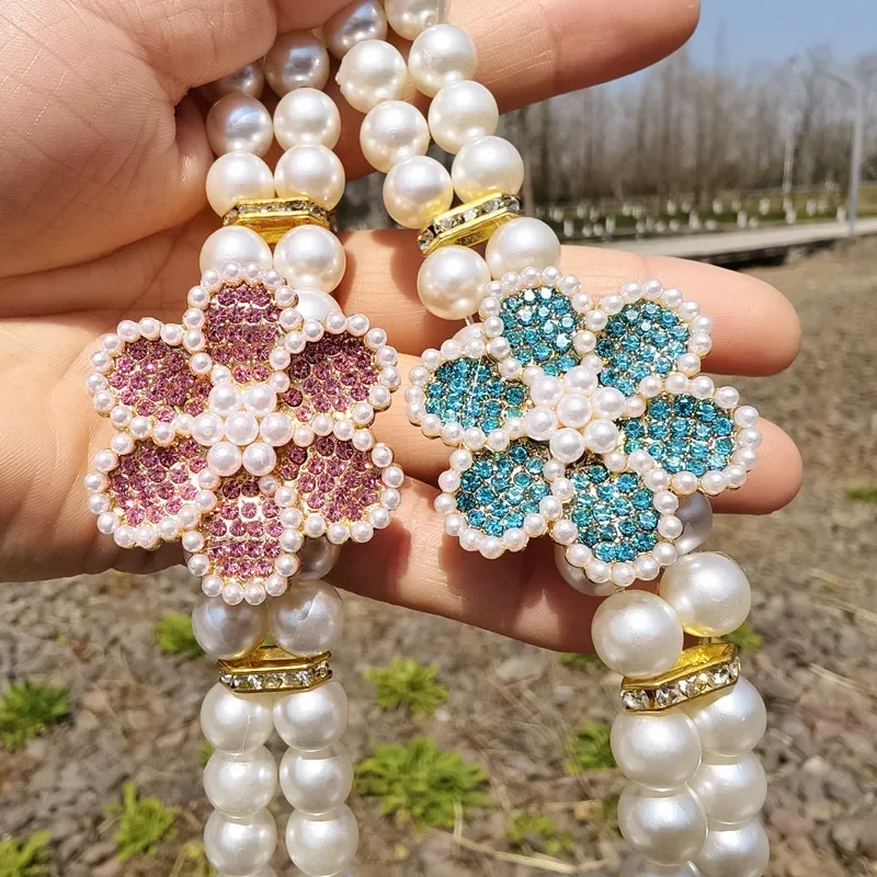 Collar de perro de perla Chihuahua, Collar de gato con botón de langosta dorado, Collar ajustable con diamantes de imitación y flores para perro, accesorios para mascotas - imagen 5