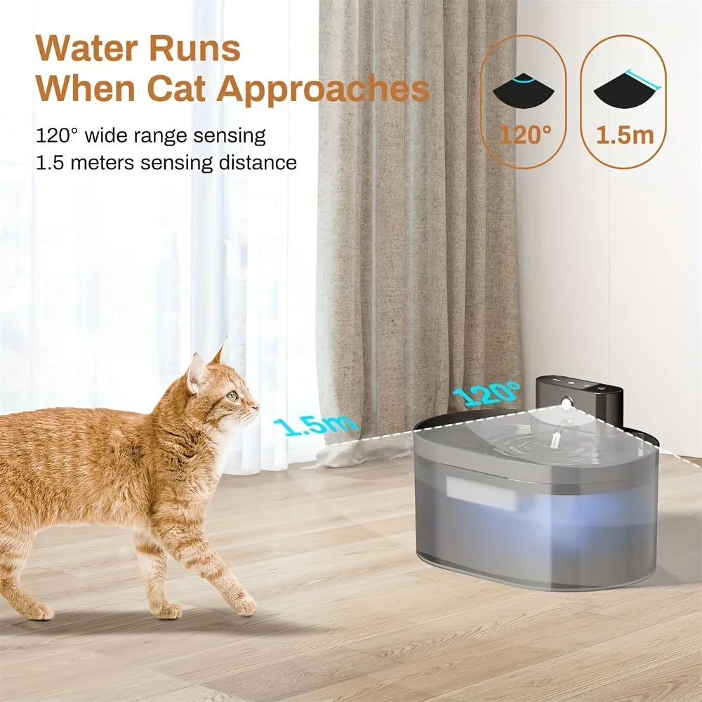 Dispensador de agua automático inalámbrico para mascotas, tazón dispensador de fuente interior recargable con Sensor de movimiento de 2600mAh para perros y gatos, 2,2 L - imagen 5