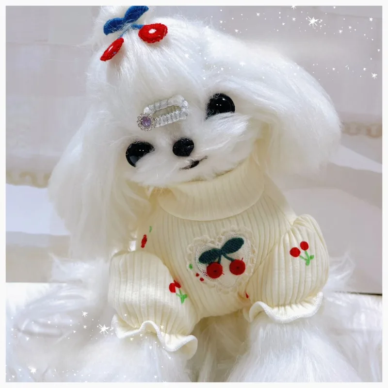 Ropa bonita para mascotas, camisa inferior con estampado de cereza, camisa de cuello alto con manga de burbuja de peluche, ropa elástica tejida para cachorros pequeños de oso