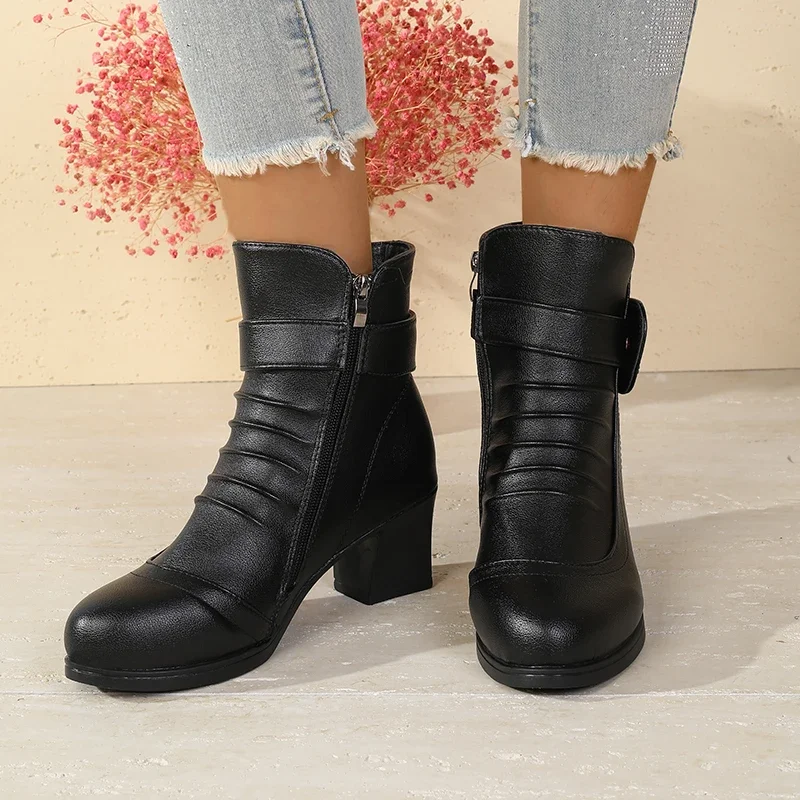 Zapatos para mamá, zapatos individuales, suela suave, tacón medio, estilo primavera y otoño, zapatos negros de tacón grueso para mujer, zapatos antideslizantes de mediana edad - imagen 3