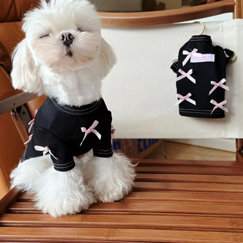 Summer Winter Pet Black Base Shirt Dog Cat Home Top Pink Bow Small Shirt Dog Pullover Top Puppy Clothes for Small Dogs T_Shirt