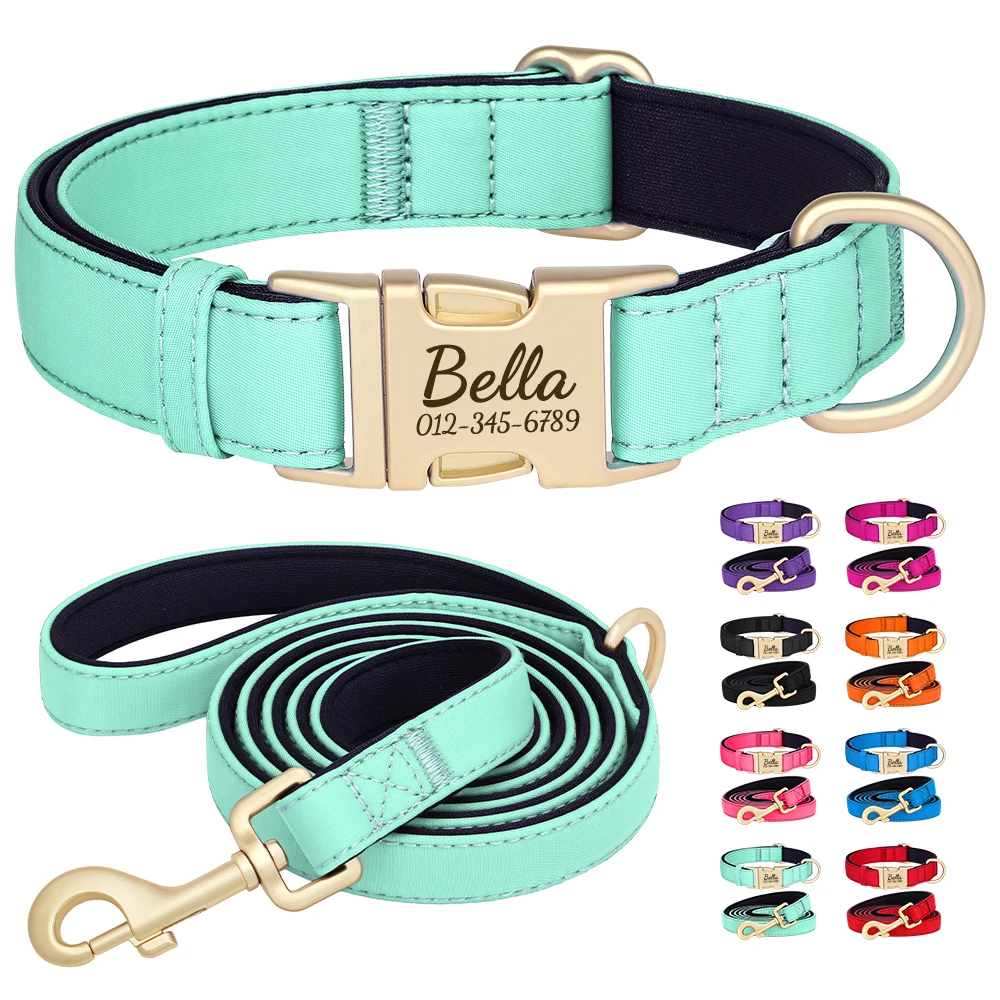 Collar de perro personalizado, conjunto de correa, Collar de nailon duradero para perro, collares para cachorros con grabado gratis con plomo resistente al agua para perros Pug