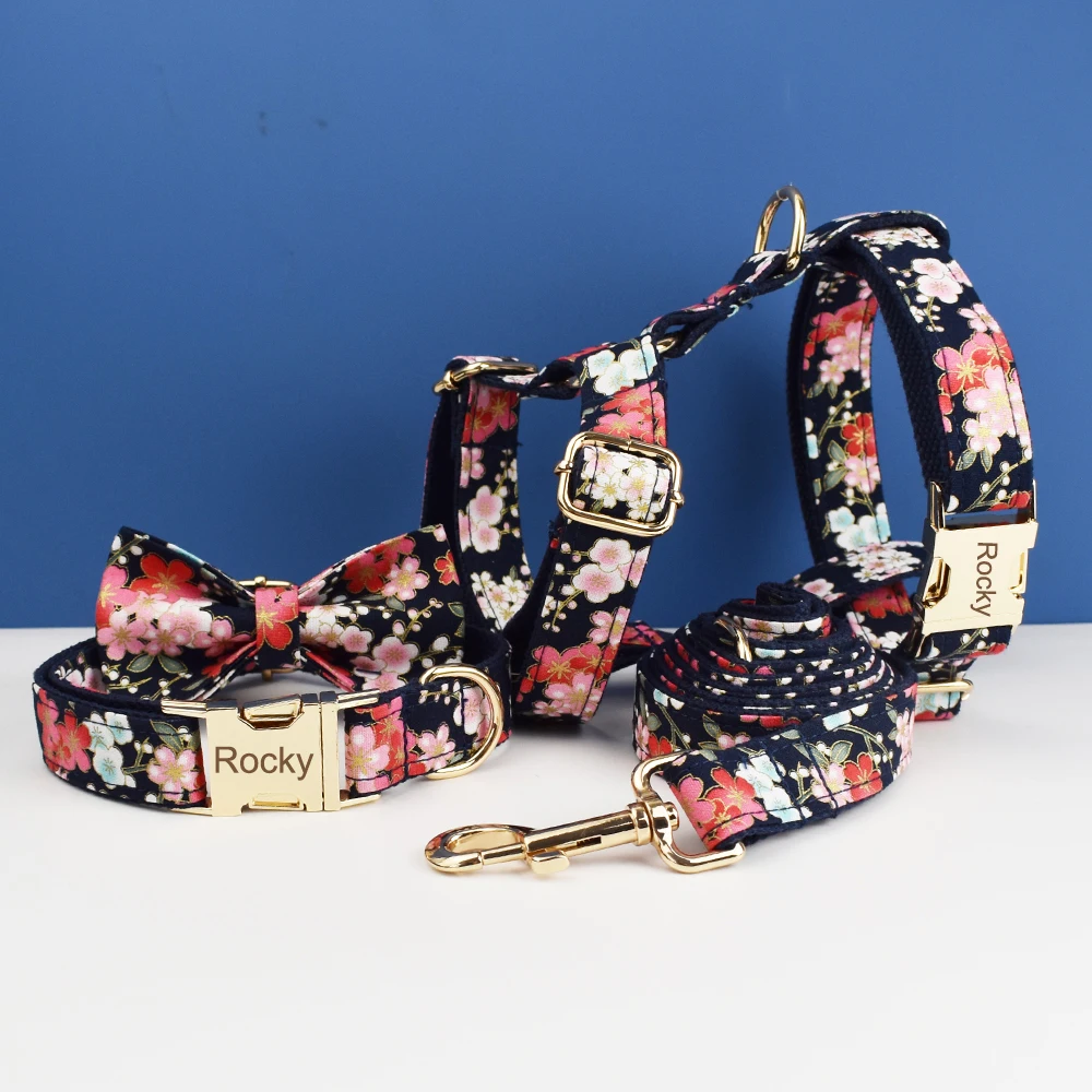 Collar de perro grabado personalizado de lujo, conjunto de correa y arnés, diseño Floral de algodón suave, accesorio de lazo personalizado para perros 03