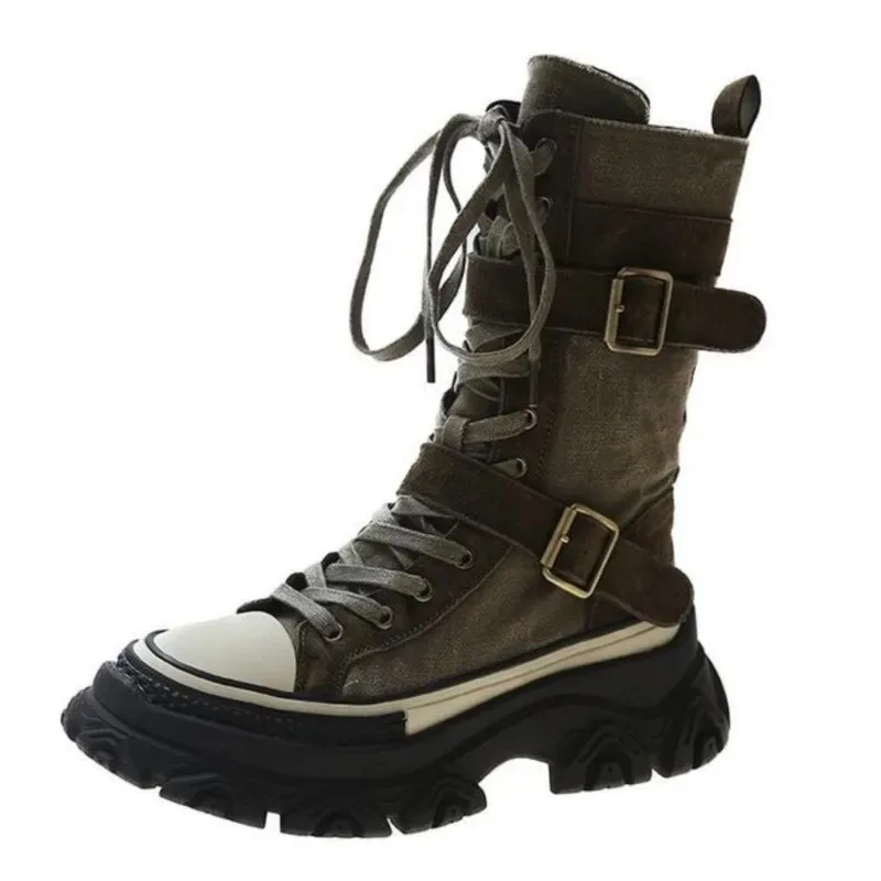 Botas de plataforma gruesa para mujer, botas de caballero altas con herramientas de lona Vintage, suela de Muffin con cabeza redonda, botas con hebilla de cinturón con cremallera lateral - imagen 5