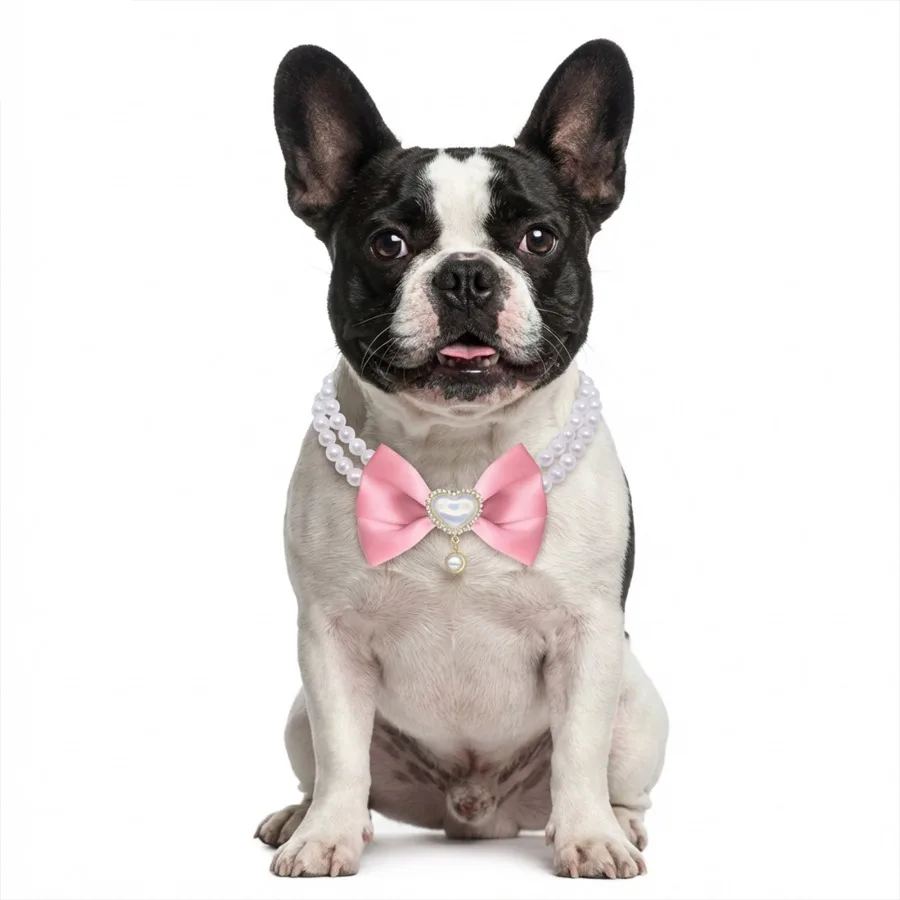 Collar perlas lazo rosa corazón cristal para gatos y perros pequeños