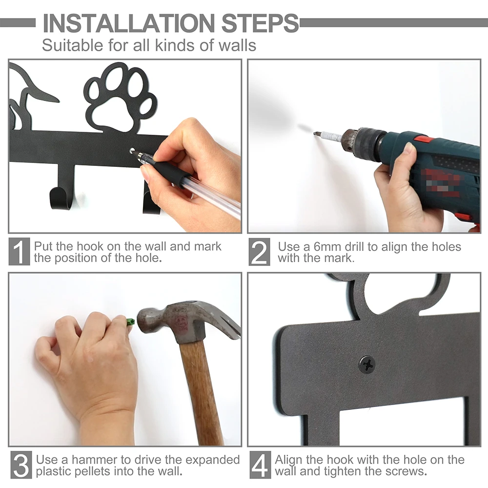 Gancho de Metal para colgar correas de perros, perchero montado en la pared para juguetes de mascotas, soporte para llaves, estante de almacenamiento, tornillos gratis, accesorios para mascotas, 5/7 ganchos - imagen 4