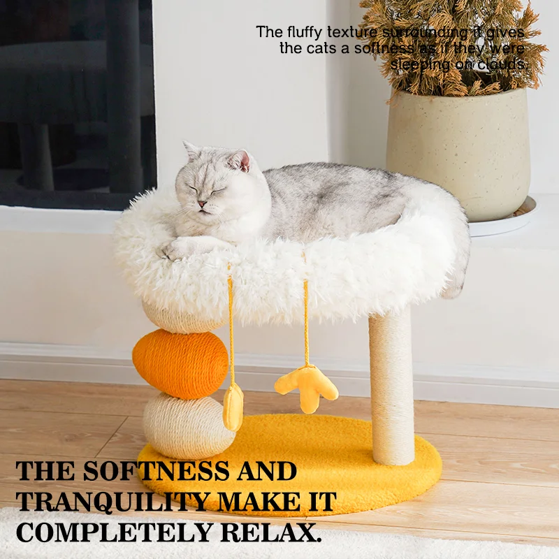 Cama compacta para gatos de dos pisos, plataforma para saltar para gatos, pollito amarillo, árbol para gatos con área de anidación, rascador para gatos y cama para gatos, combinación divertida - imagen 4