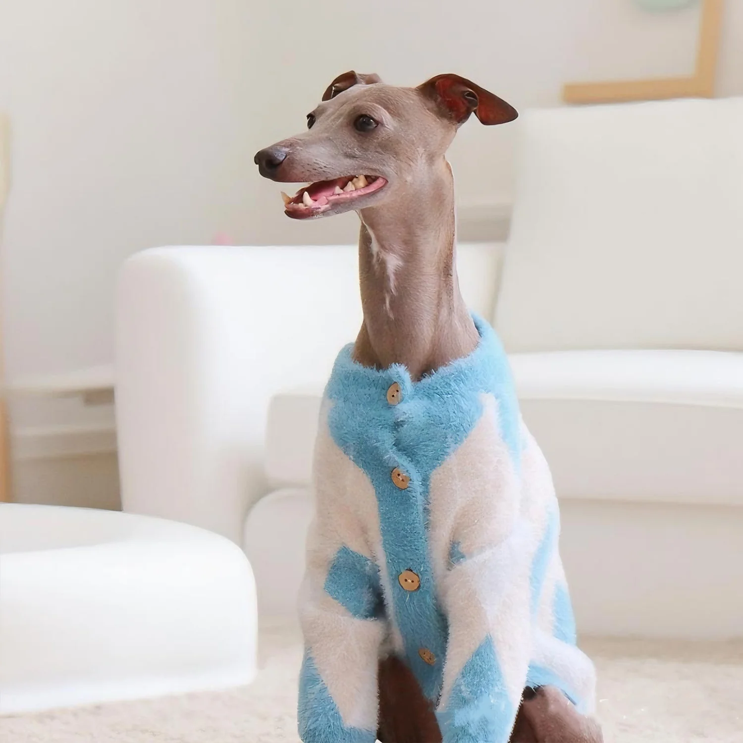 Suéter cálido azul-blanco para galgo italiano Whippet, abrigo polar de manga larga de invierno con botones para perros, chaqueta gruesa para mascotas - imagen 5