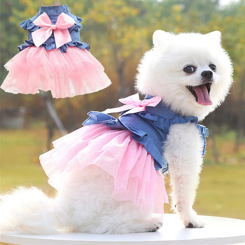 Ropa de verano para cachorros, vestidos vaqueros para mascotas para perros pequeños, Pomerania, Chihuahua, falda para perros y gatitos, vestido de princesa, ropa rosa para niñas